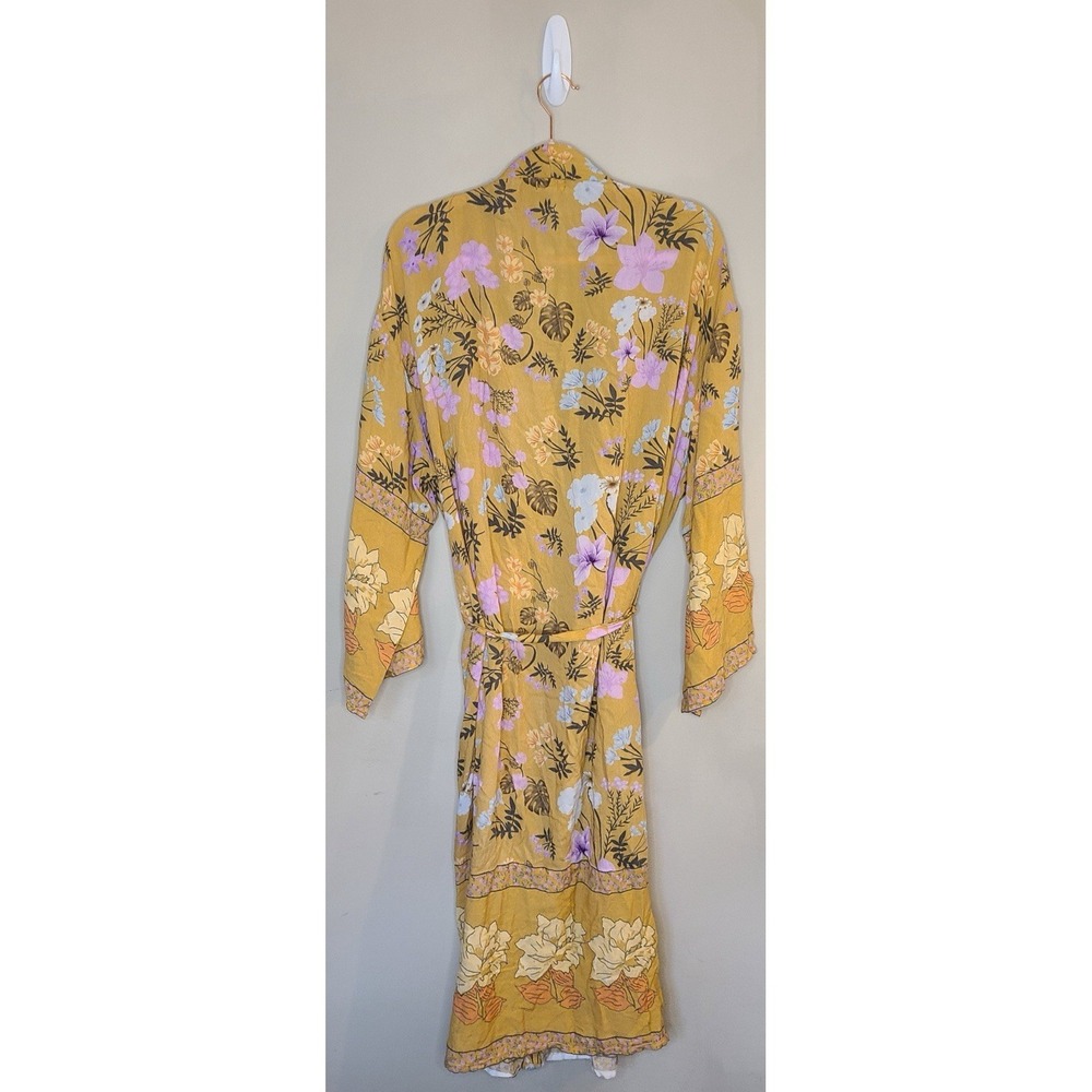 World Market Floral Kimono Wrap Dress Boho‎ Mustard Yellow Belted Resort Boho - Picture 3 of 7